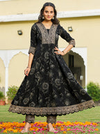 Mirror Embroidered Anarkali Kurta With Matching Pant & Embroidered Chiffon Dupatta, Black - Hiral Fashion | Grocsy