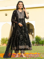 Mirror Embroidered Anarkali Kurta With Matching Pant & Embroidered Chiffon Dupatta, Black - Hiral Fashion | Grocsy