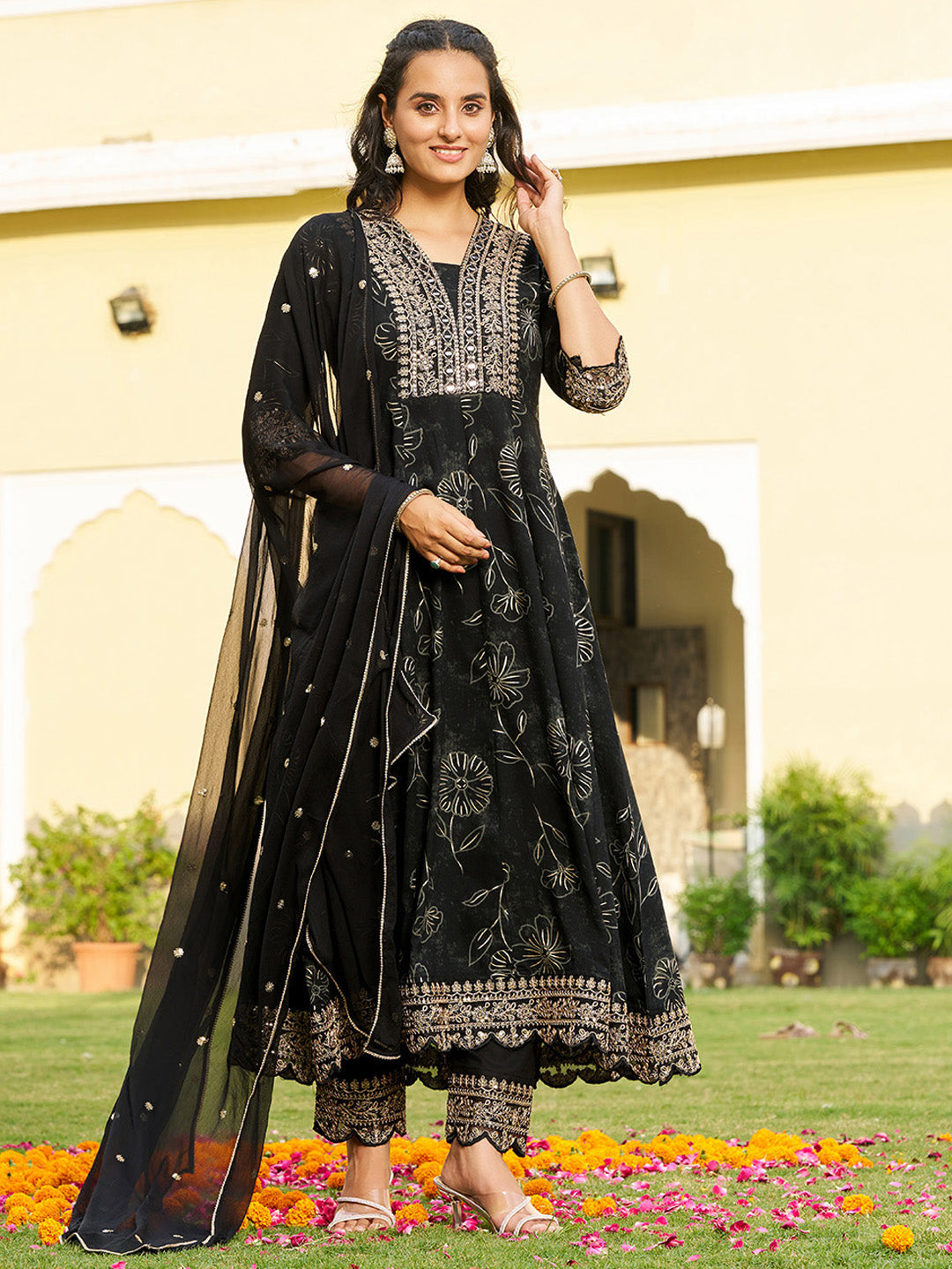 Mirror Embroidered Anarkali Kurta With Matching Pant & Embroidered Chiffon Dupatta, Black - Hiral Fashion | Grocsy