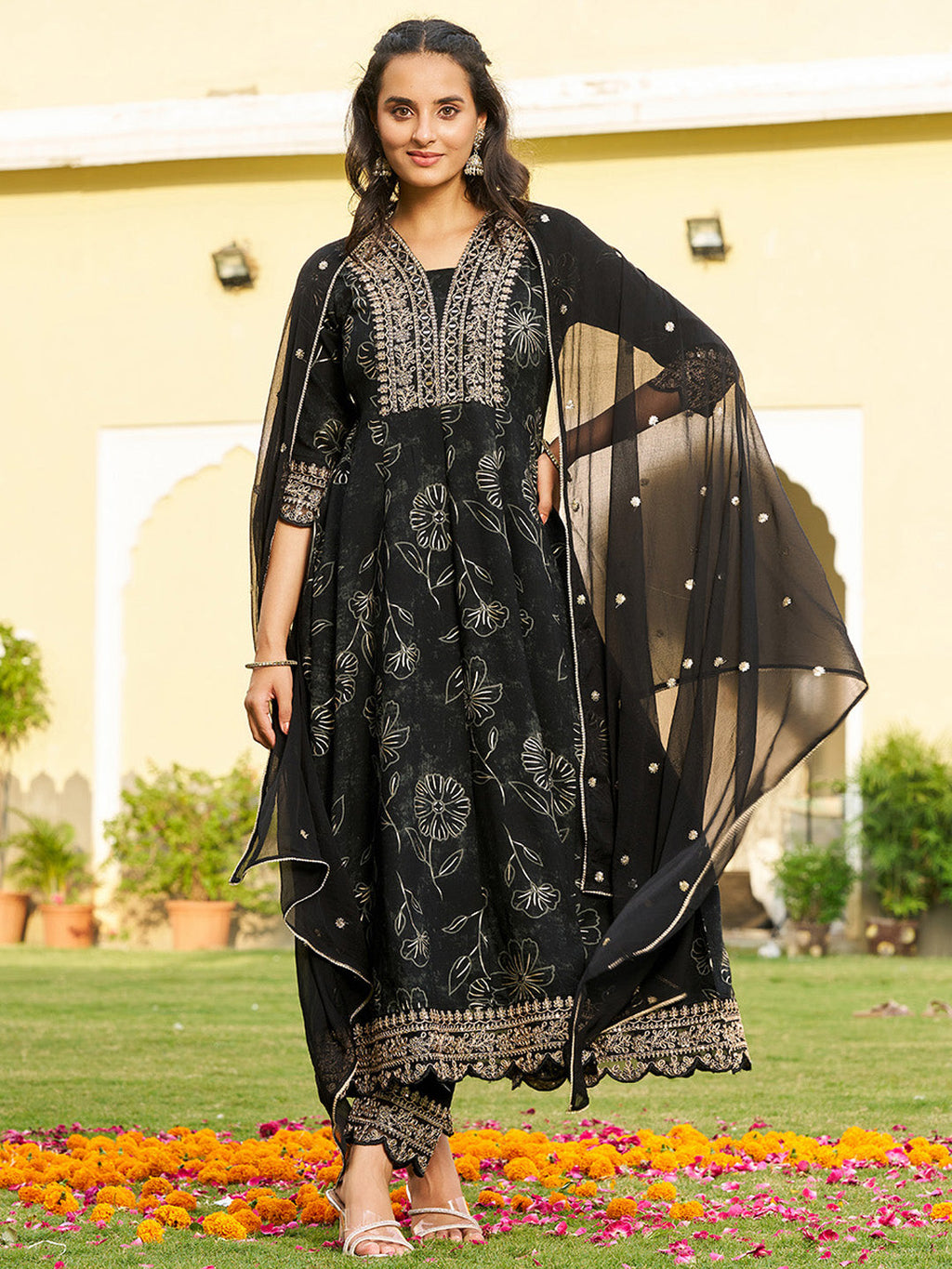 Mirror Embroidered Anarkali Kurta With Matching Pant & Embroidered Chiffon Dupatta, Black - Hiral Fashion | Grocsy
