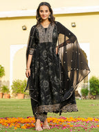 Mirror Embroidered Anarkali Kurta With Matching Pant & Embroidered Chiffon Dupatta, Black - Hiral Fashion | Grocsy