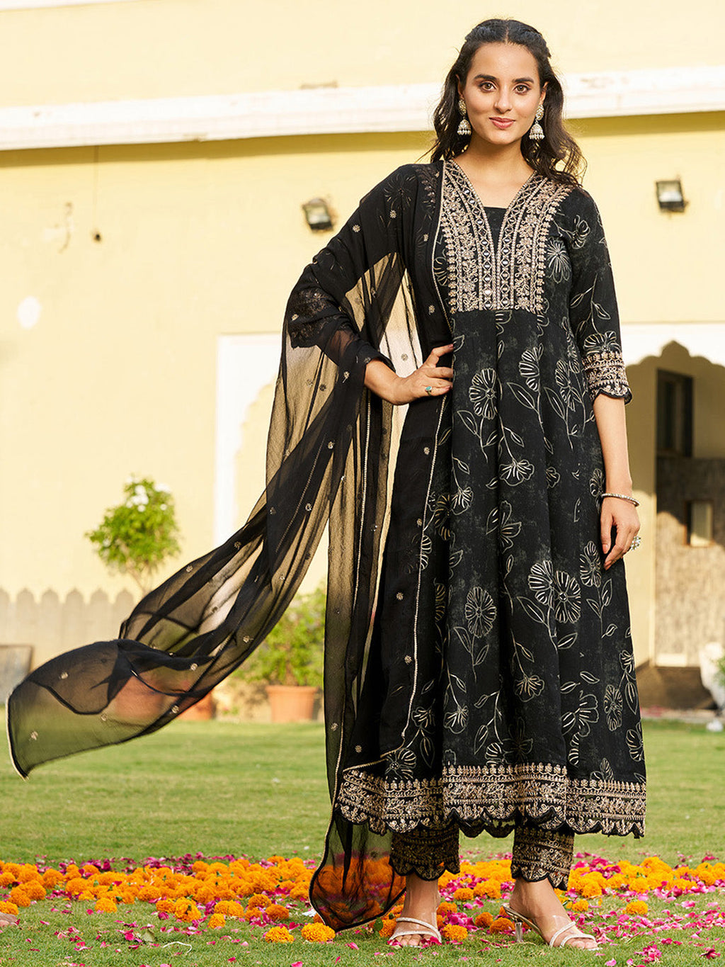 Mirror Embroidered Anarkali Kurta With Matching Pant & Embroidered Chiffon Dupatta, Black - Hiral Fashion | Grocsy