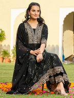 Mirror Embroidered Anarkali Kurta With Matching Pant & Embroidered Chiffon Dupatta, Black - Hiral Fashion | Grocsy
