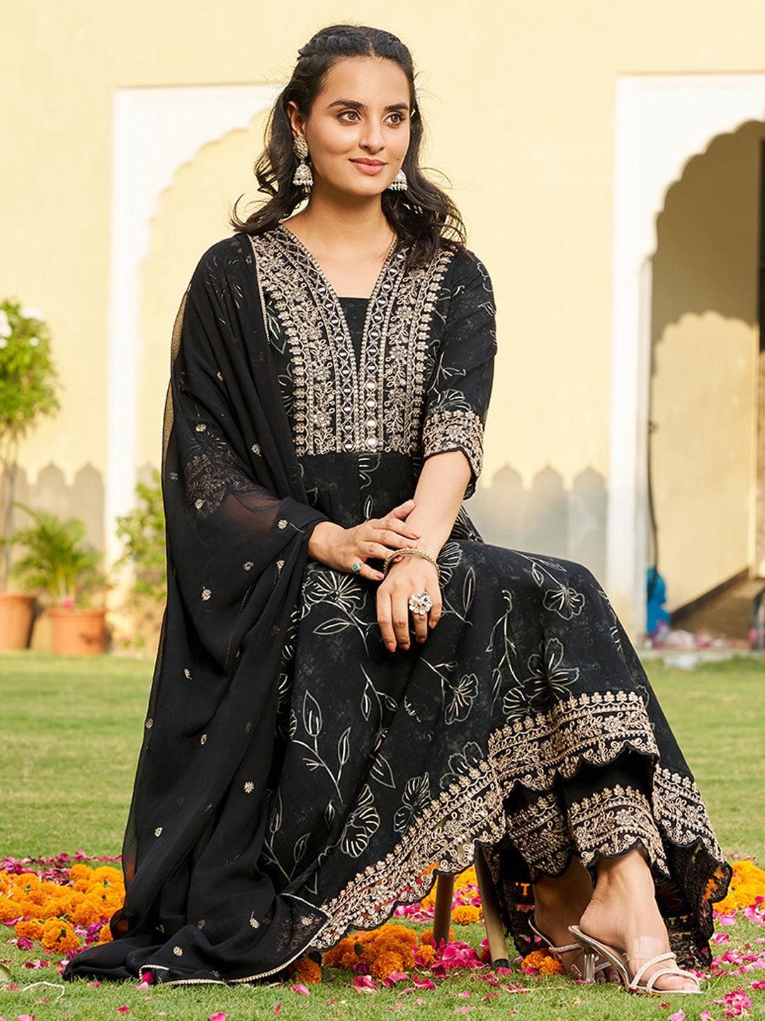 Mirror Embroidered Anarkali Kurta With Matching Pant & Embroidered Chiffon Dupatta, Black - Hiral Fashion | Grocsy