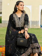 Mirror Embroidered Anarkali Kurta With Matching Pant & Embroidered Chiffon Dupatta, Black - Hiral Fashion | Grocsy