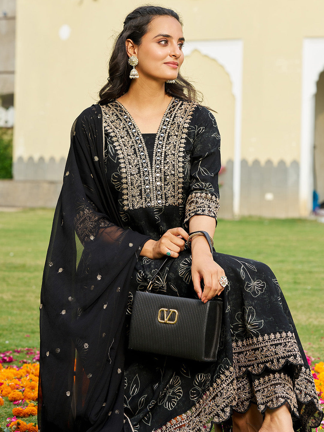 Mirror Embroidered Anarkali Kurta With Matching Pant & Embroidered Chiffon Dupatta, Black - Hiral Fashion | Grocsy