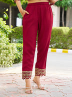 Mirror Embroidered Anarkali Kurta With Matching Pant & Embroidered Chiffon Dupatta, Maroon - Hiral Fashion | Grocsy