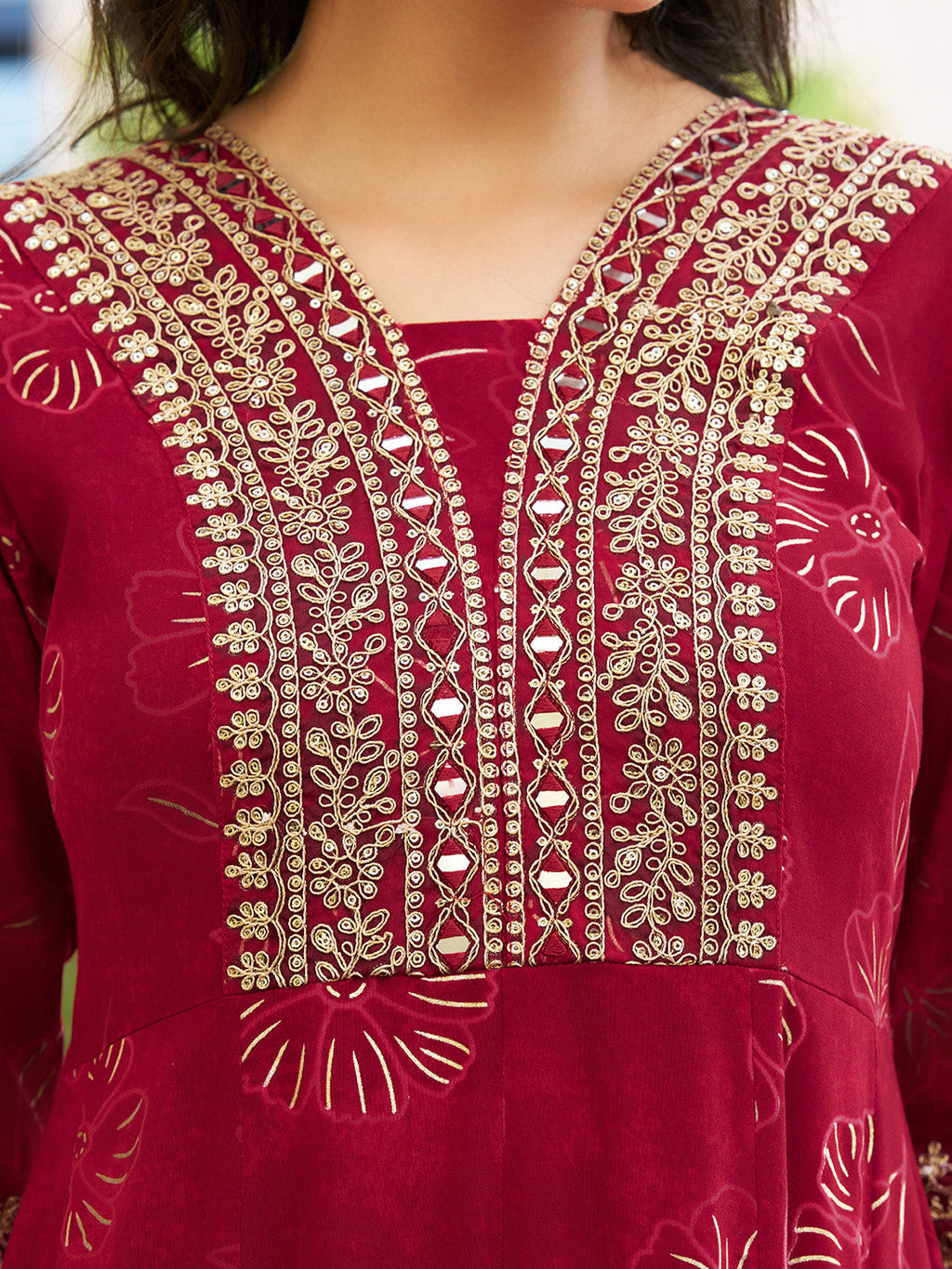 Mirror Embroidered Anarkali Kurta With Matching Pant & Embroidered Chiffon Dupatta, Maroon - Hiral Fashion | Grocsy