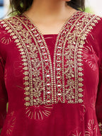 Mirror Embroidered Anarkali Kurta With Matching Pant & Embroidered Chiffon Dupatta, Maroon - Hiral Fashion | Grocsy