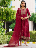 Mirror Embroidered Anarkali Kurta With Matching Pant & Embroidered Chiffon Dupatta, Maroon - Hiral Fashion | Grocsy