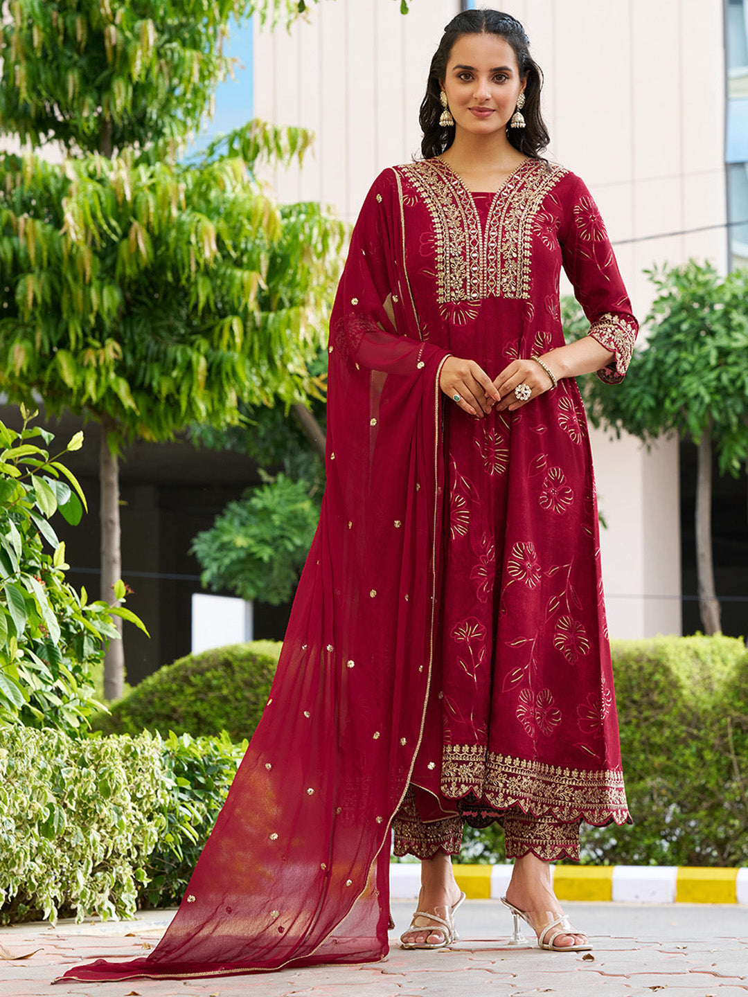 Mirror Embroidered Anarkali Kurta With Matching Pant & Embroidered Chiffon Dupatta, Maroon - Hiral Fashion | Grocsy