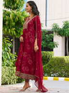 Mirror Embroidered Anarkali Kurta With Matching Pant & Embroidered Chiffon Dupatta, Maroon - Hiral Fashion | Grocsy