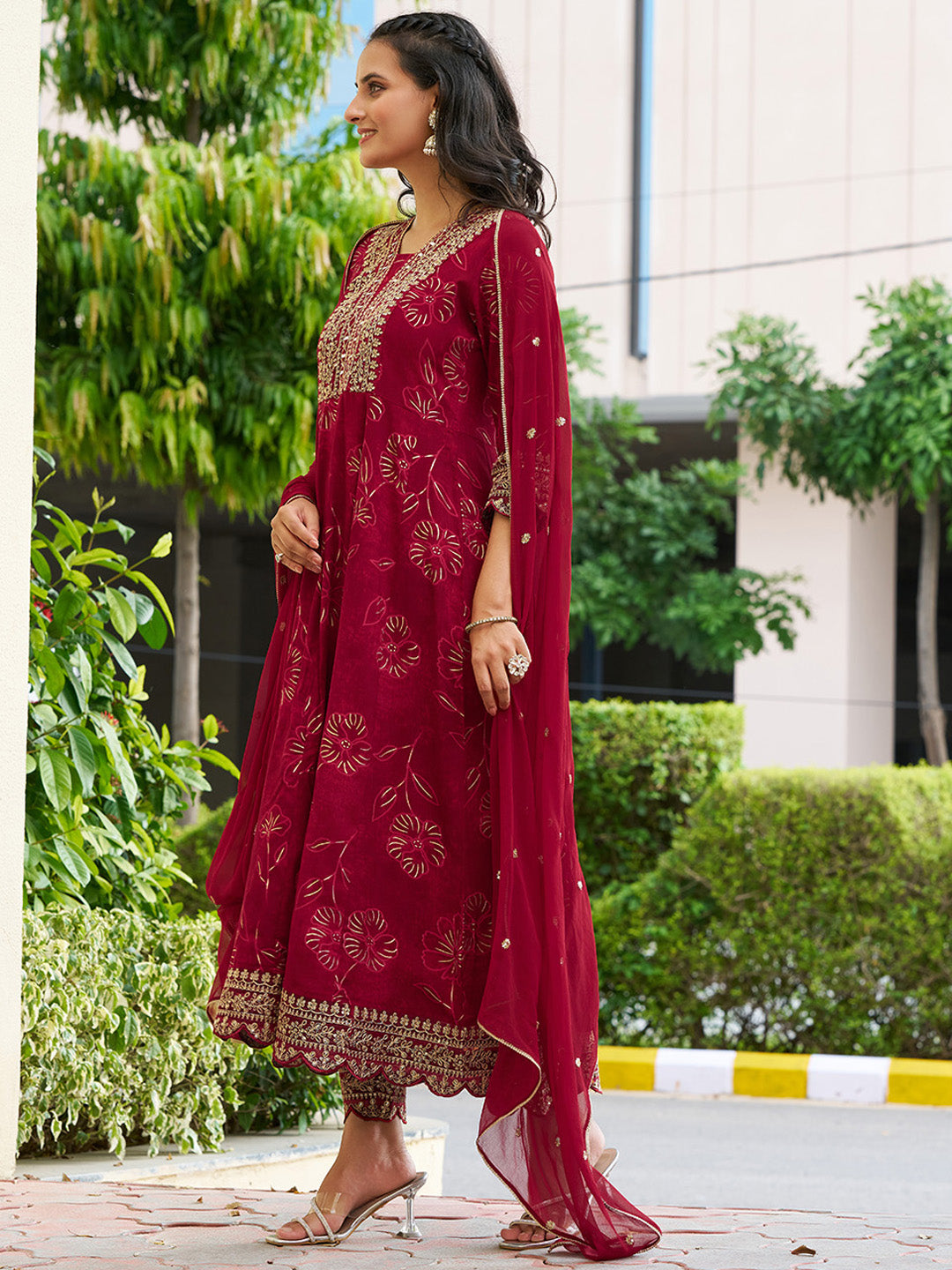 Mirror Embroidered Anarkali Kurta With Matching Pant & Embroidered Chiffon Dupatta, Maroon - Hiral Fashion | Grocsy
