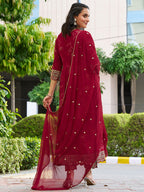 Mirror Embroidered Anarkali Kurta With Matching Pant & Embroidered Chiffon Dupatta, Maroon - Hiral Fashion | Grocsy