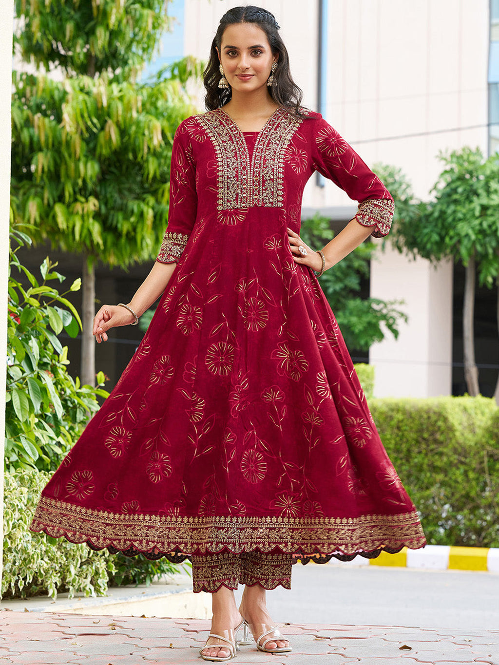 Mirror Embroidered Anarkali Kurta With Matching Pant & Embroidered Chiffon Dupatta, Maroon - Hiral Fashion | Grocsy