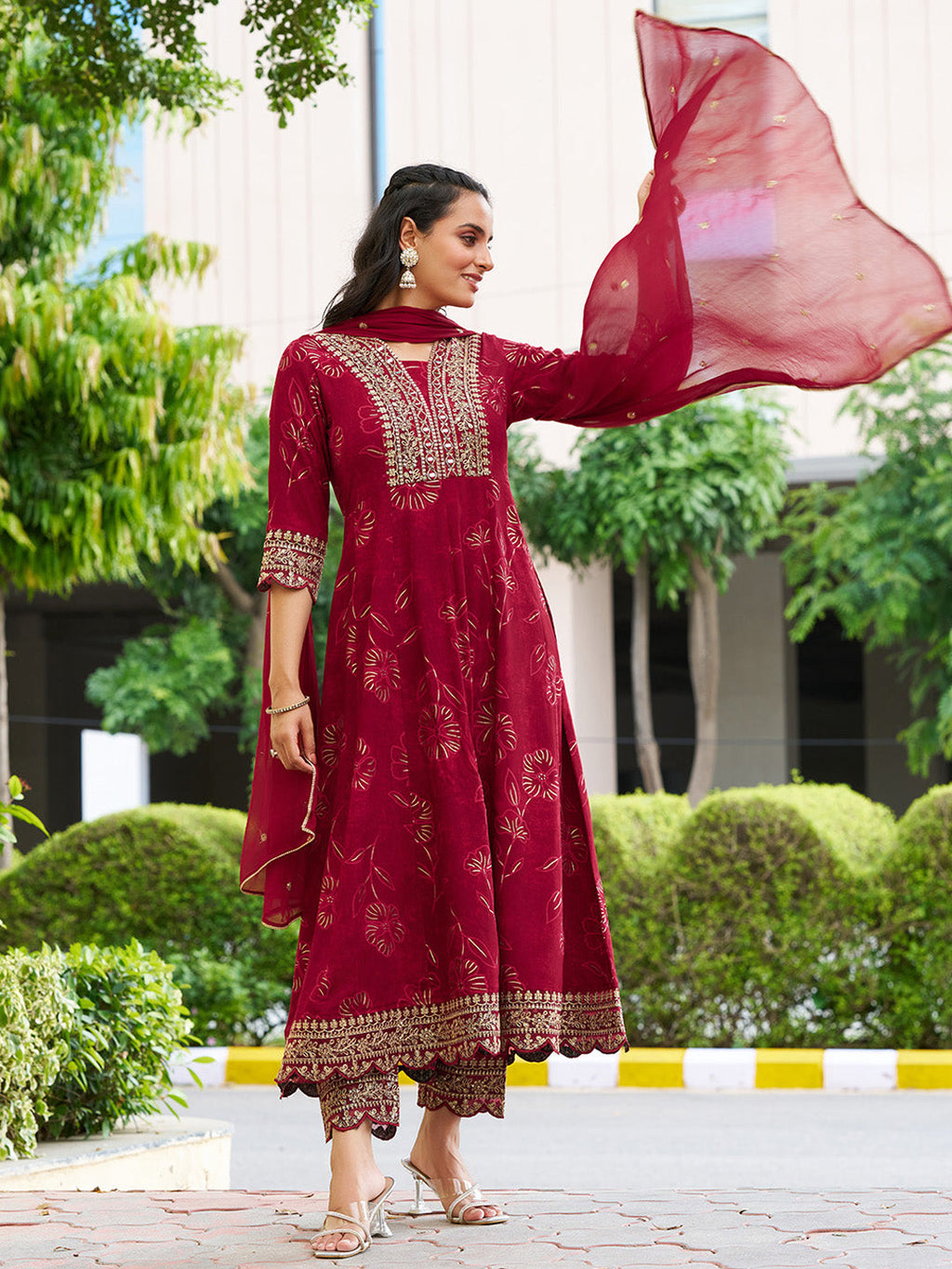 Mirror Embroidered Anarkali Kurta With Matching Pant & Embroidered Chiffon Dupatta, Maroon - Hiral Fashion | Grocsy