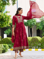 Mirror Embroidered Anarkali Kurta With Matching Pant & Embroidered Chiffon Dupatta, Maroon - Hiral Fashion | Grocsy
