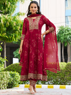 Mirror Embroidered Anarkali Kurta With Matching Pant & Embroidered Chiffon Dupatta, Maroon - Hiral Fashion | Grocsy