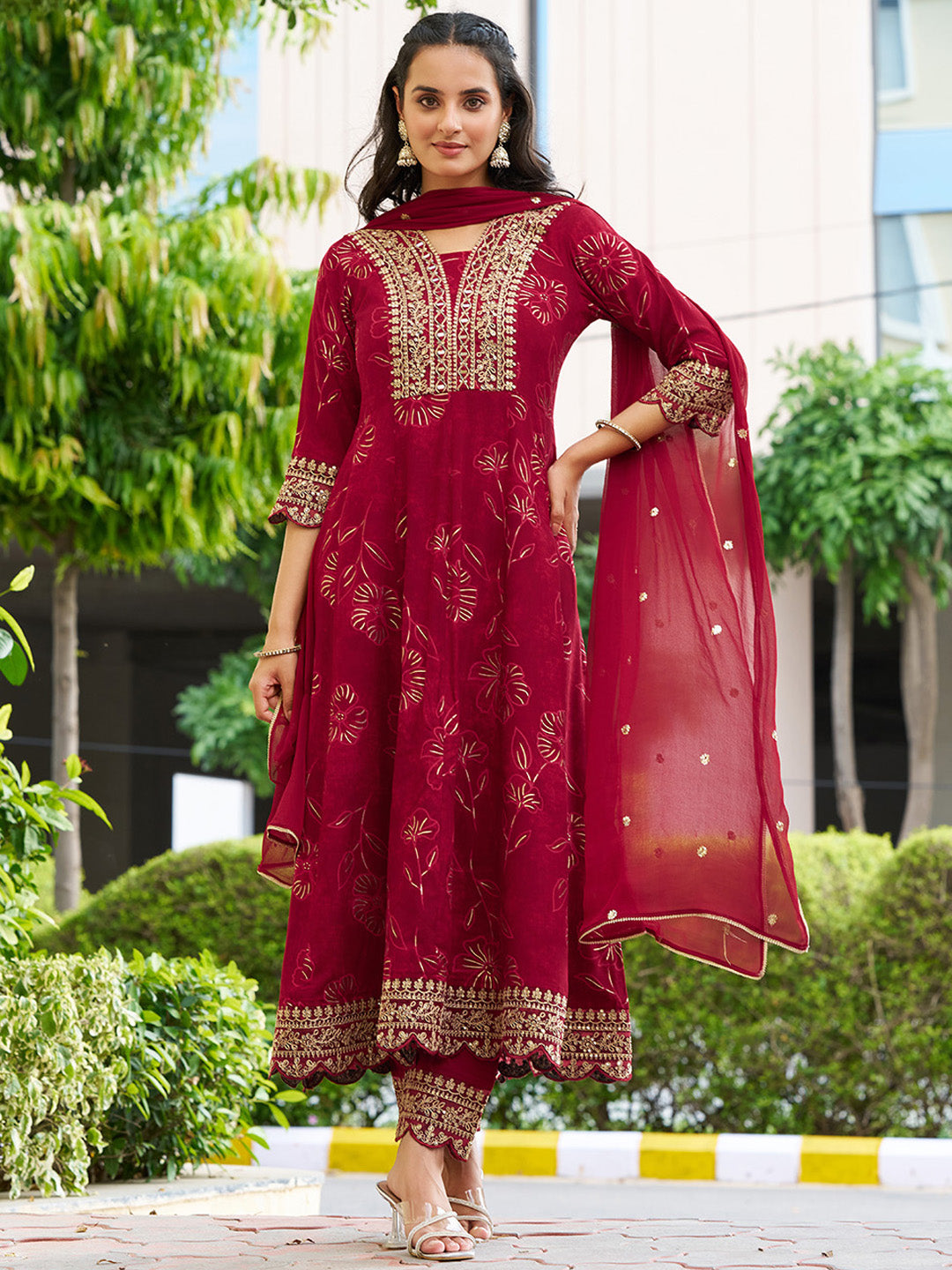 Mirror Embroidered Anarkali Kurta With Matching Pant & Embroidered Chiffon Dupatta, Maroon - Hiral Fashion | Grocsy