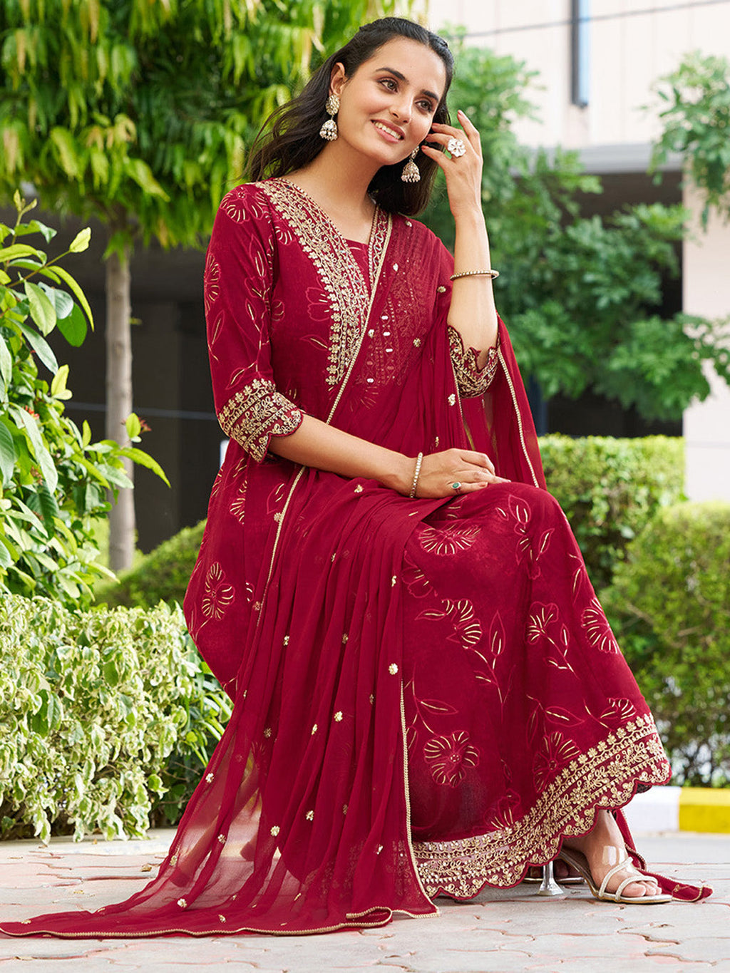 Mirror Embroidered Anarkali Kurta With Matching Pant & Embroidered Chiffon Dupatta, Maroon - Hiral Fashion | Grocsy