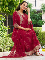 Mirror Embroidered Anarkali Kurta With Matching Pant & Embroidered Chiffon Dupatta, Maroon - Hiral Fashion | Grocsy