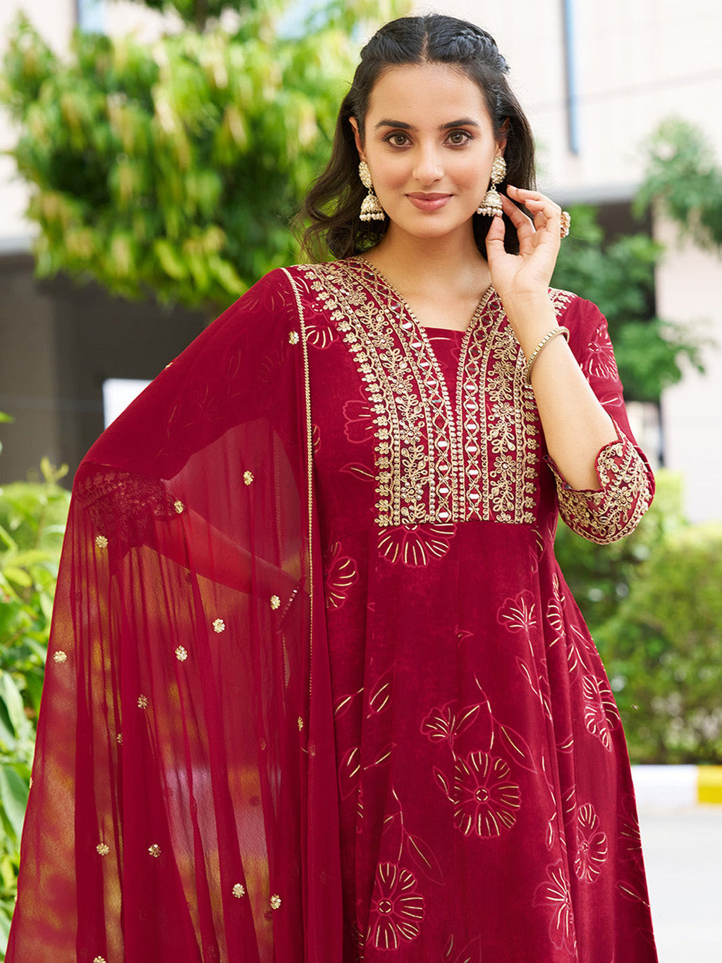Mirror Embroidered Anarkali Kurta With Matching Pant & Embroidered Chiffon Dupatta, Maroon - Hiral Fashion | Grocsy