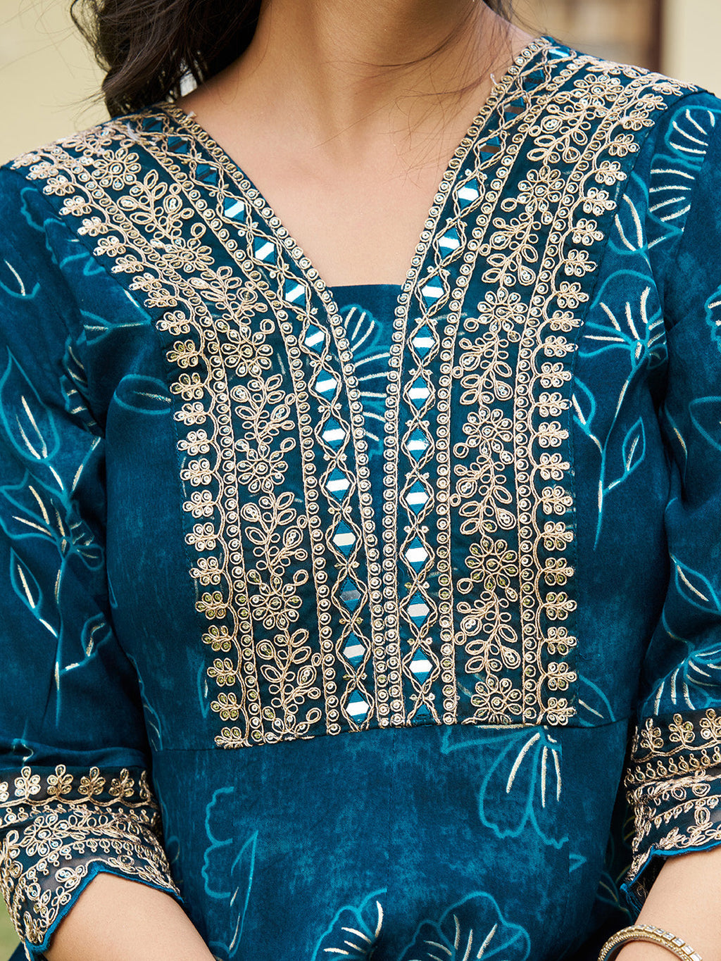 Mirror Embroidered Anarkali Kurta With Matching Pant & Embroidered Chiffon Dupatta, Teal - Hiral Fashion | Grocsy