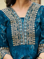 Mirror Embroidered Anarkali Kurta With Matching Pant & Embroidered Chiffon Dupatta, Teal - Hiral Fashion | Grocsy