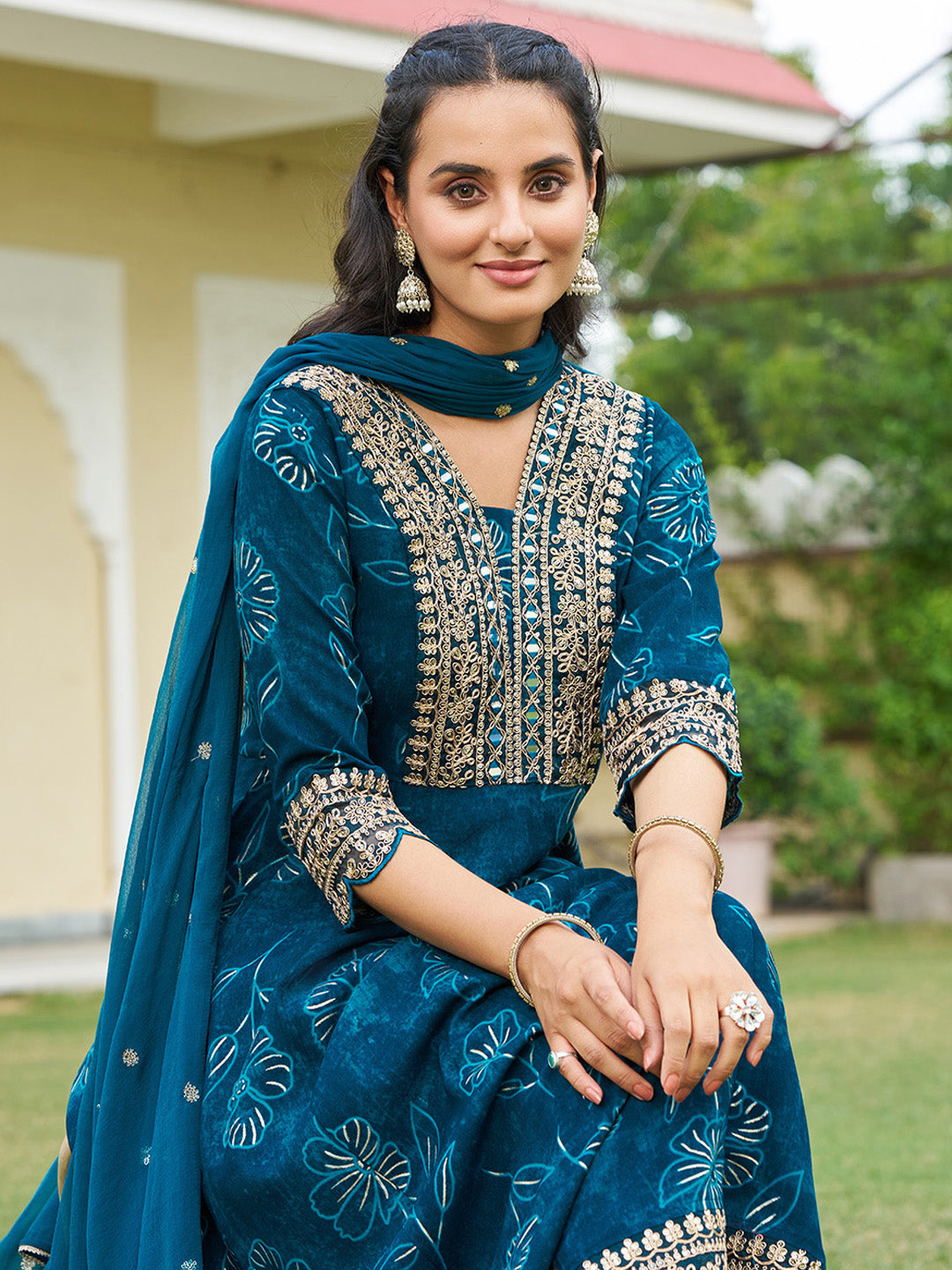 Mirror Embroidered Anarkali Kurta With Matching Pant & Embroidered Chiffon Dupatta, Teal - Hiral Fashion | Grocsy