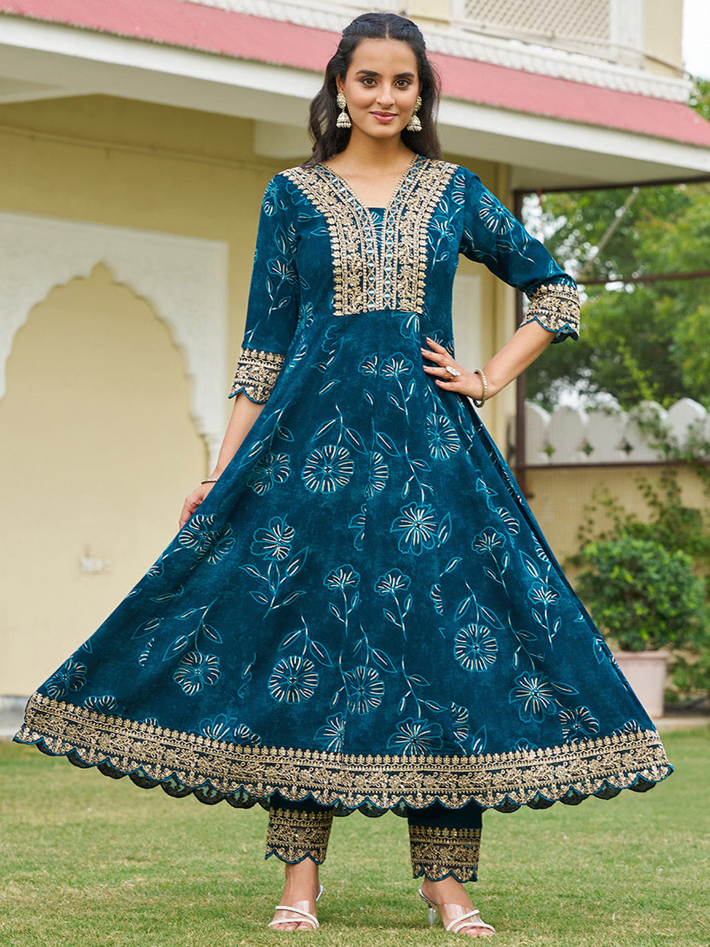 Mirror Embroidered Anarkali Kurta With Matching Pant & Embroidered Chiffon Dupatta, Teal - Hiral Fashion | Grocsy
