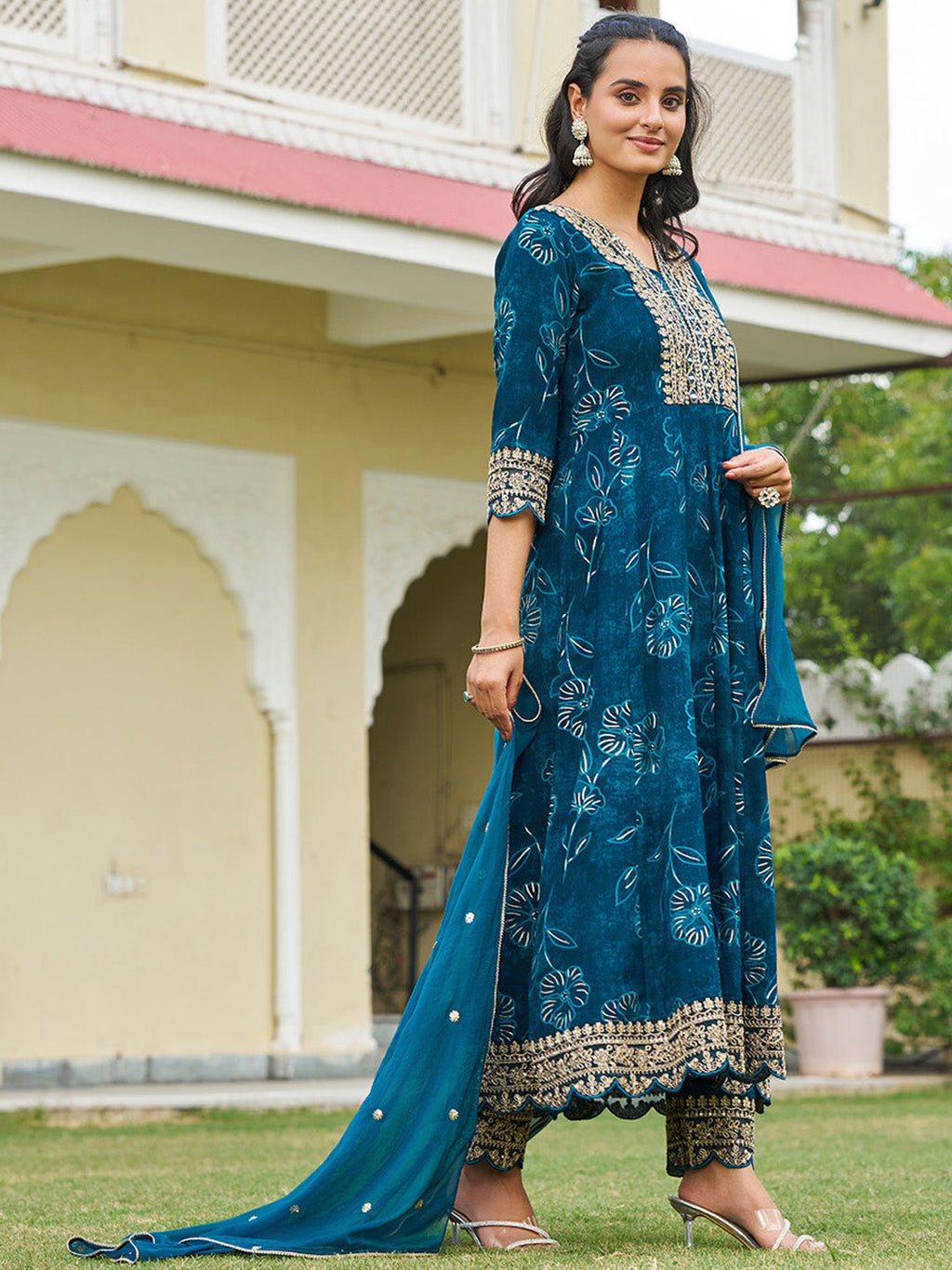 Mirror Embroidered Anarkali Kurta With Matching Pant & Embroidered Chiffon Dupatta, Teal - Hiral Fashion | Grocsy
