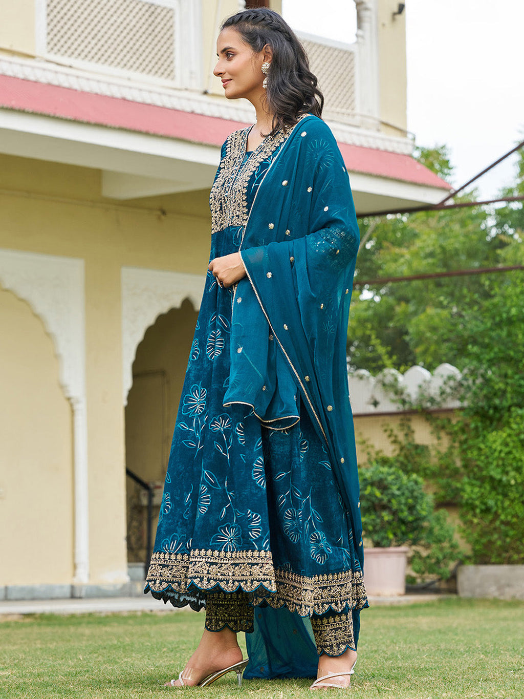 Mirror Embroidered Anarkali Kurta With Matching Pant & Embroidered Chiffon Dupatta, Teal - Hiral Fashion | Grocsy