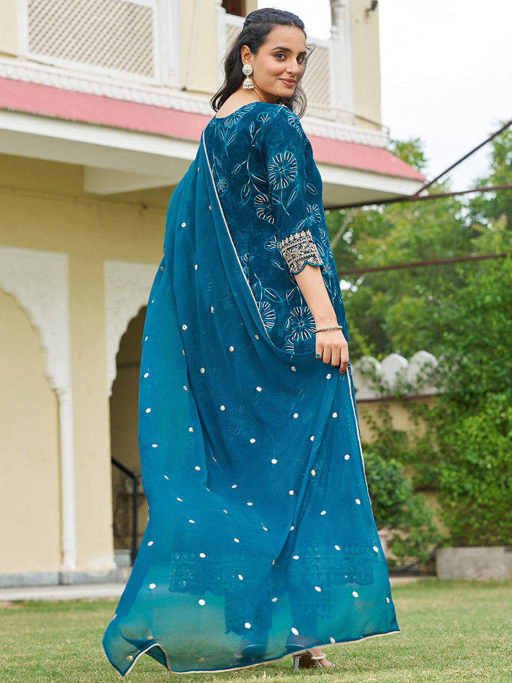 Mirror Embroidered Anarkali Kurta With Matching Pant & Embroidered Chiffon Dupatta, Teal - Hiral Fashion | Grocsy