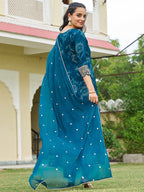 Mirror Embroidered Anarkali Kurta With Matching Pant & Embroidered Chiffon Dupatta, Teal - Hiral Fashion | Grocsy
