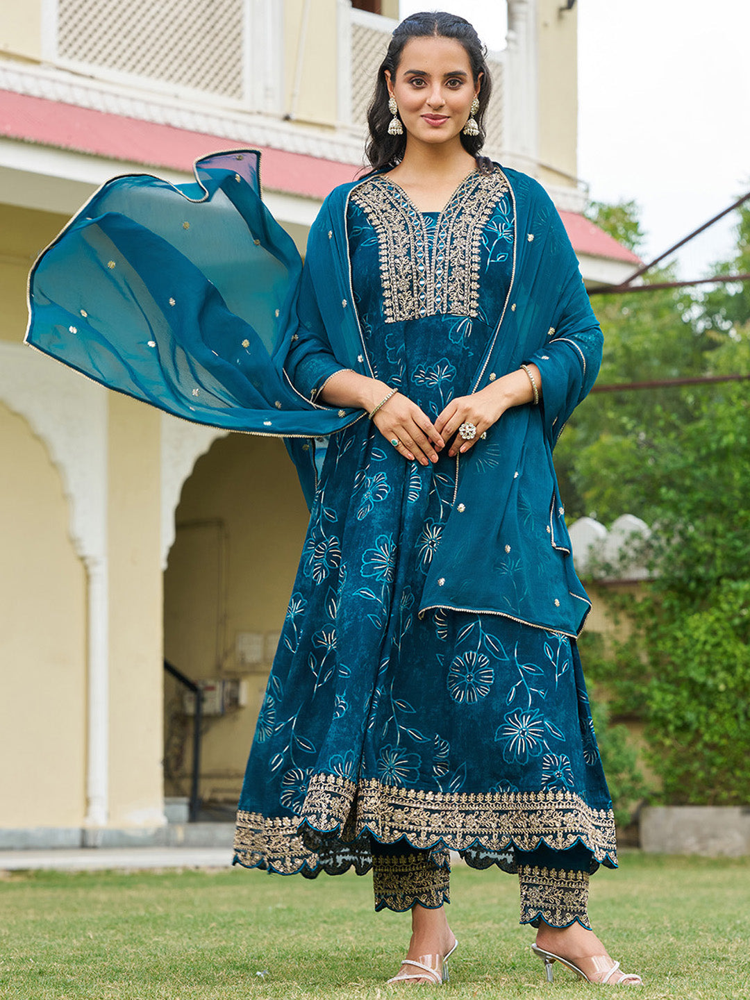 Mirror Embroidered Anarkali Kurta With Matching Pant & Embroidered Chiffon Dupatta, Teal - Hiral Fashion | Grocsy