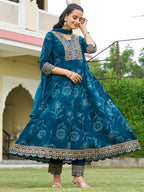 Mirror Embroidered Anarkali Kurta With Matching Pant & Embroidered Chiffon Dupatta, Teal - Hiral Fashion | Grocsy