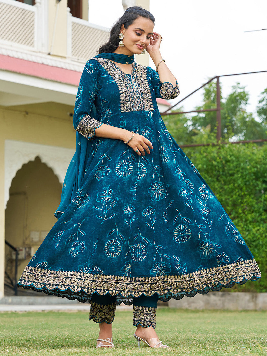Mirror Embroidered Anarkali Kurta With Matching Pant & Embroidered Chiffon Dupatta, Teal - Hiral Fashion | Grocsy