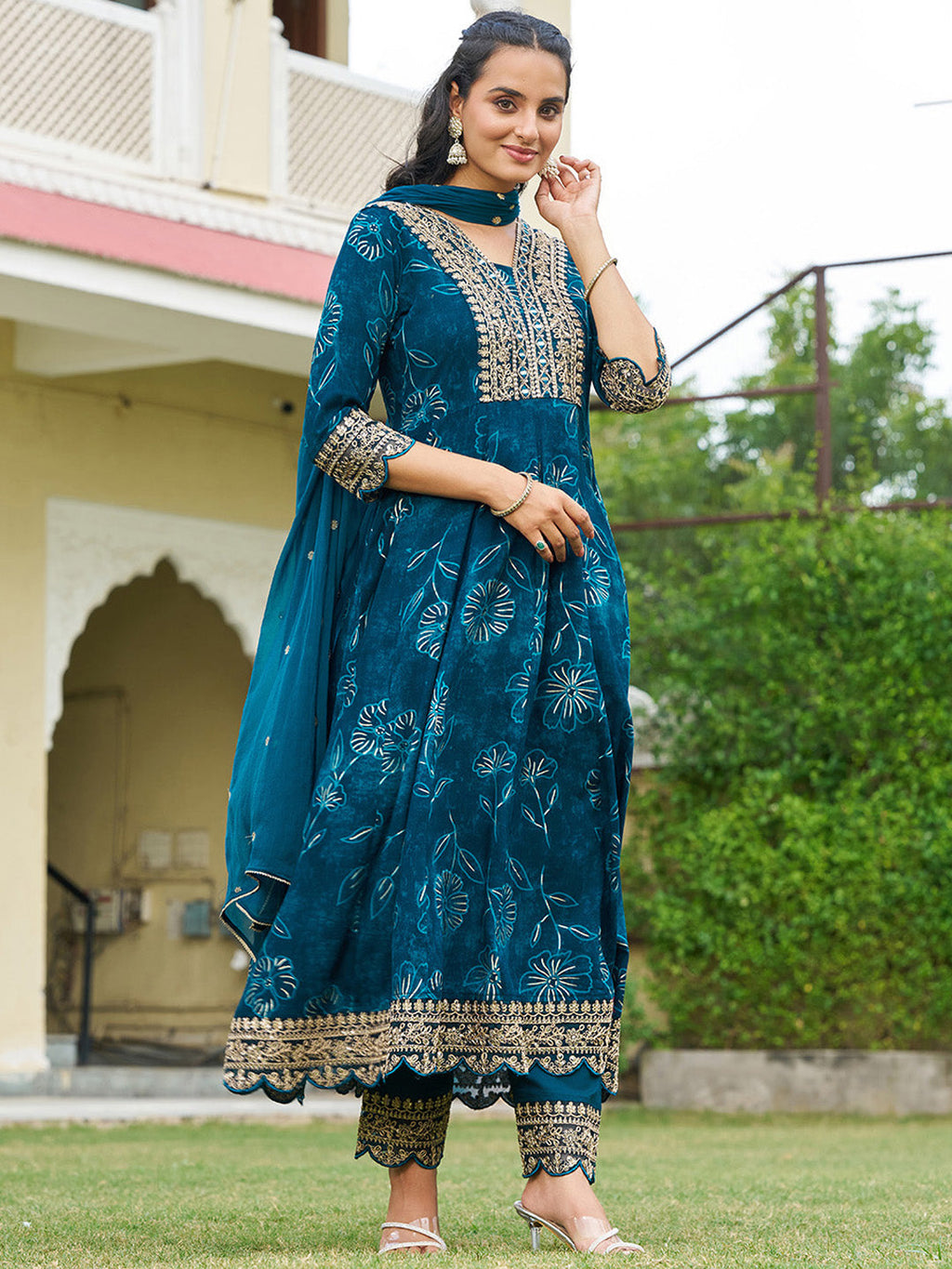 Mirror Embroidered Anarkali Kurta With Matching Pant & Embroidered Chiffon Dupatta, Teal - Hiral Fashion | Grocsy
