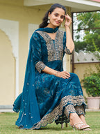 Mirror Embroidered Anarkali Kurta With Matching Pant & Embroidered Chiffon Dupatta, Teal - Hiral Fashion | Grocsy
