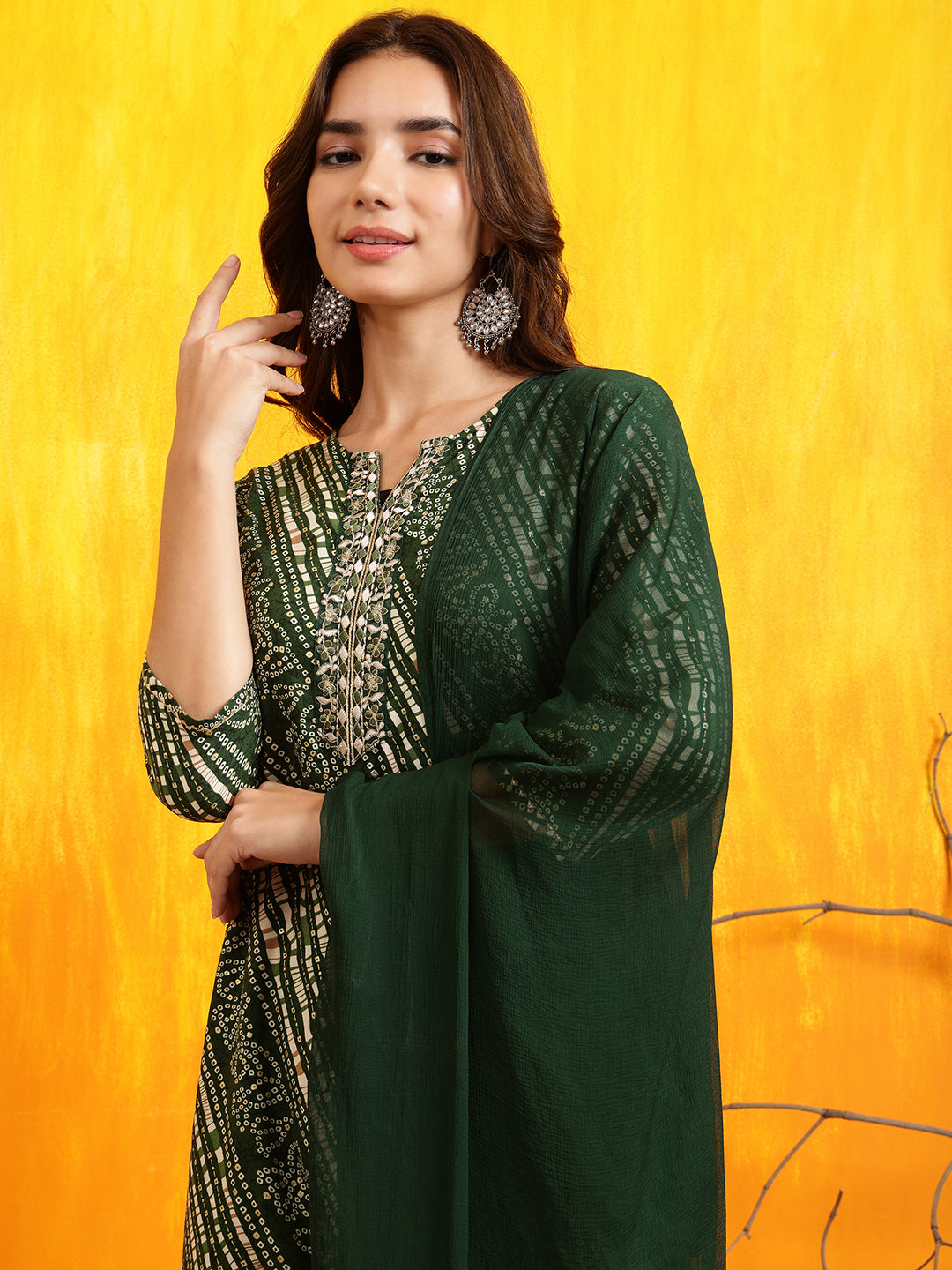 Embroidered Kurta With Pant & Dupatta, Green - Hiral Fashion | Grocsy