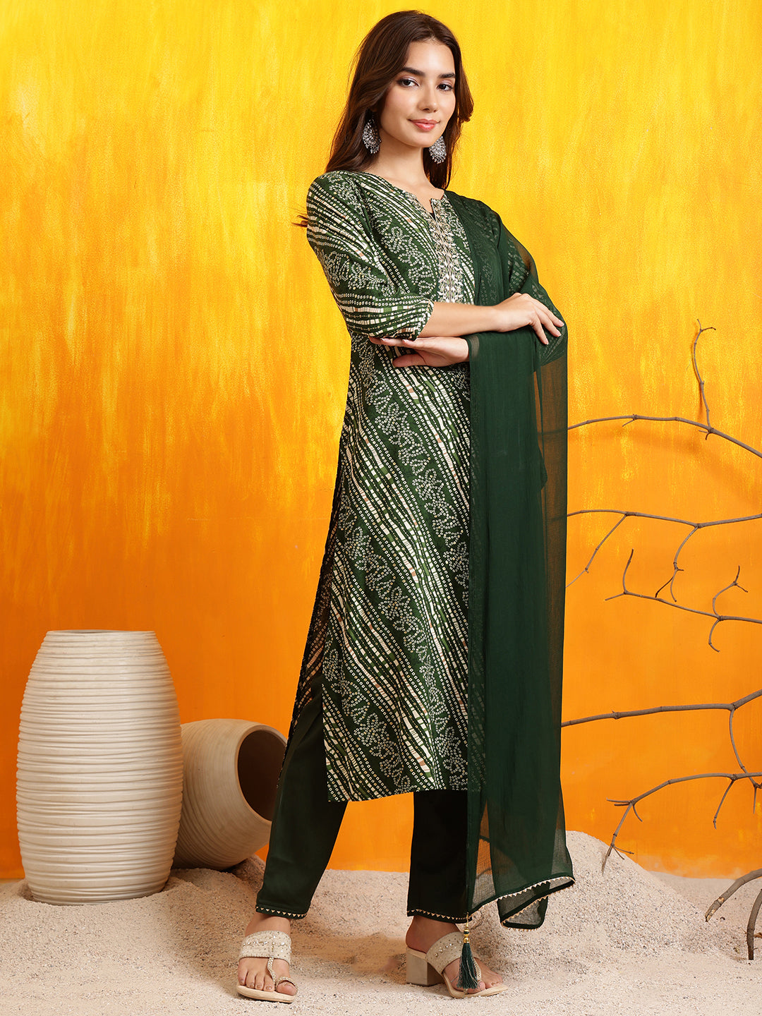 Embroidered Kurta With Pant & Dupatta, Green - Hiral Fashion | Grocsy