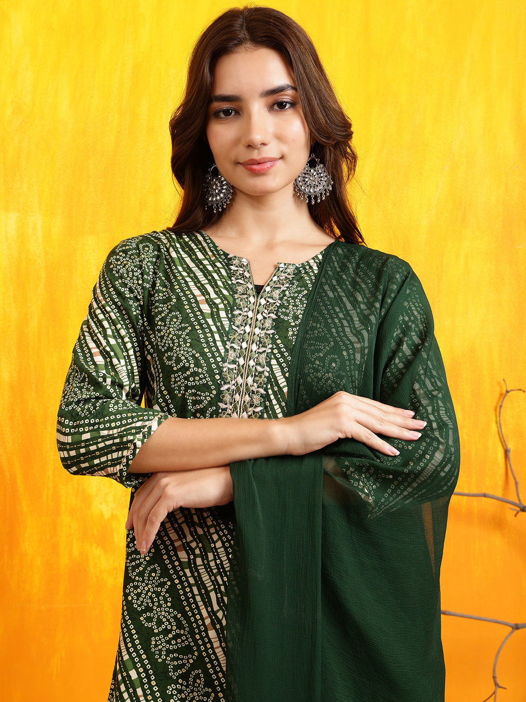 Embroidered Kurta With Pant & Dupatta, Green - Hiral Fashion | Grocsy