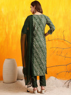 Embroidered Kurta With Pant & Dupatta, Green - Hiral Fashion | Grocsy