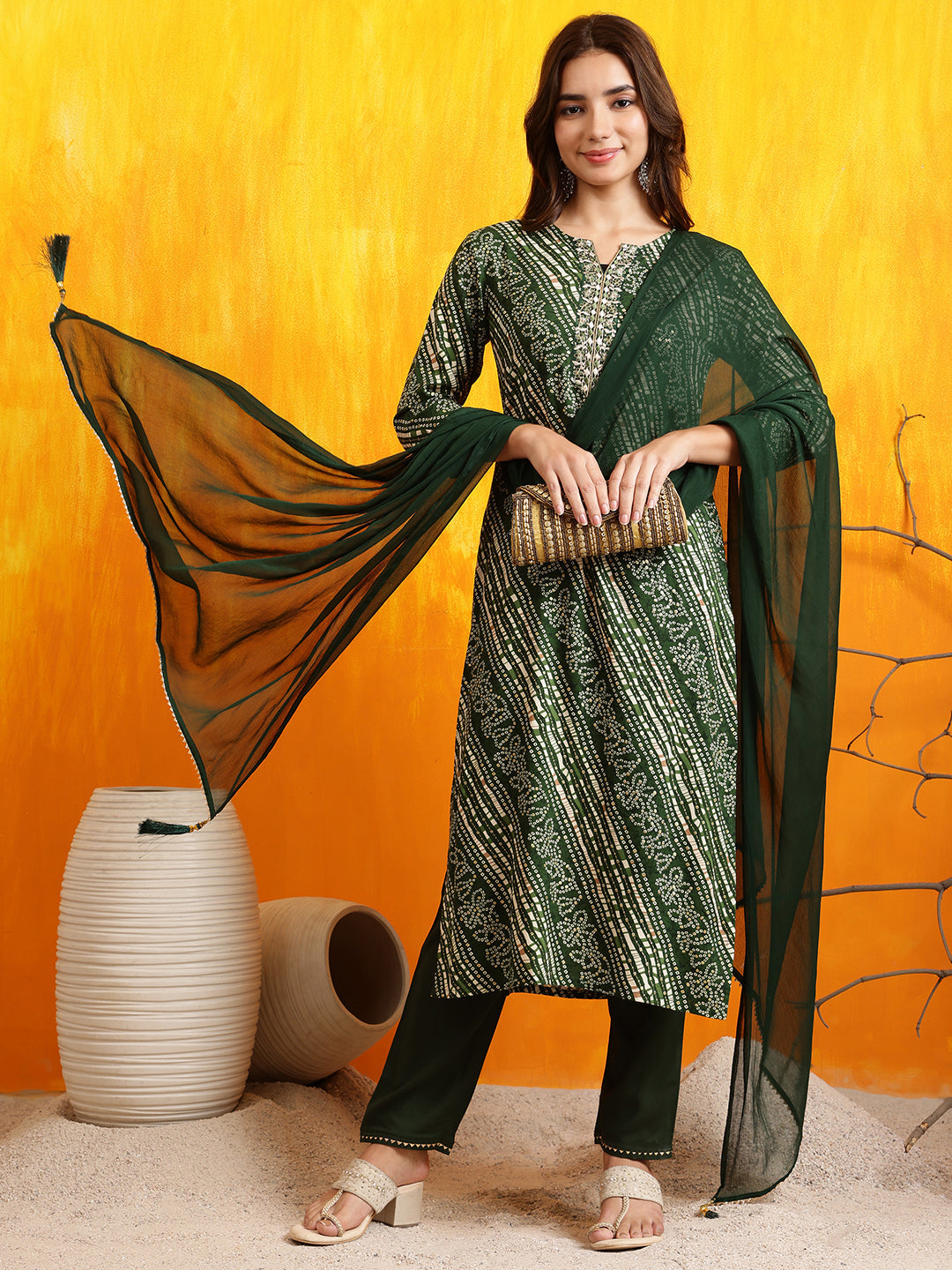 Embroidered Kurta With Pant & Dupatta, Green - Hiral Fashion | Grocsy