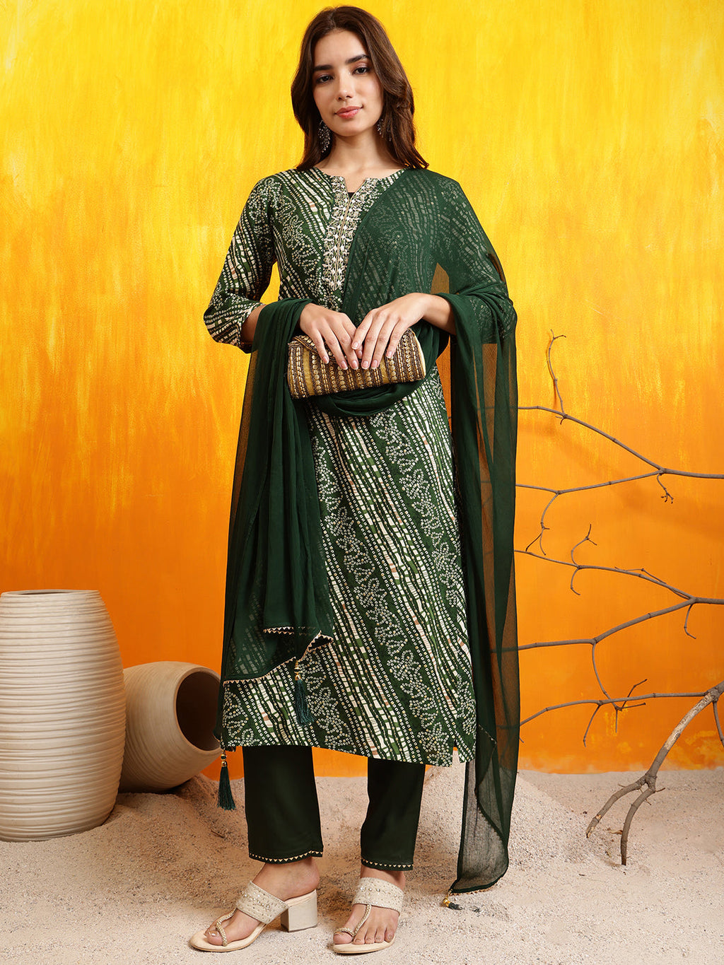 Embroidered Kurta With Pant & Dupatta, Green - Hiral Fashion | Grocsy