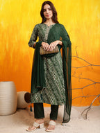 Embroidered Kurta With Pant & Dupatta, Green - Hiral Fashion | Grocsy