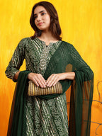 Embroidered Kurta With Pant & Dupatta, Green - Hiral Fashion | Grocsy