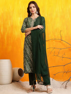 Embroidered Kurta With Pant & Dupatta, Green - Hiral Fashion | Grocsy