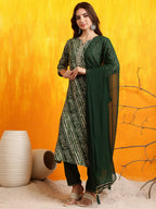 Embroidered Kurta With Pant & Dupatta, Green - Hiral Fashion | Grocsy