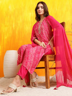 Embroidered Kurta With Pant & Dupatta, Pink - Hiral Fashion | Grocsy